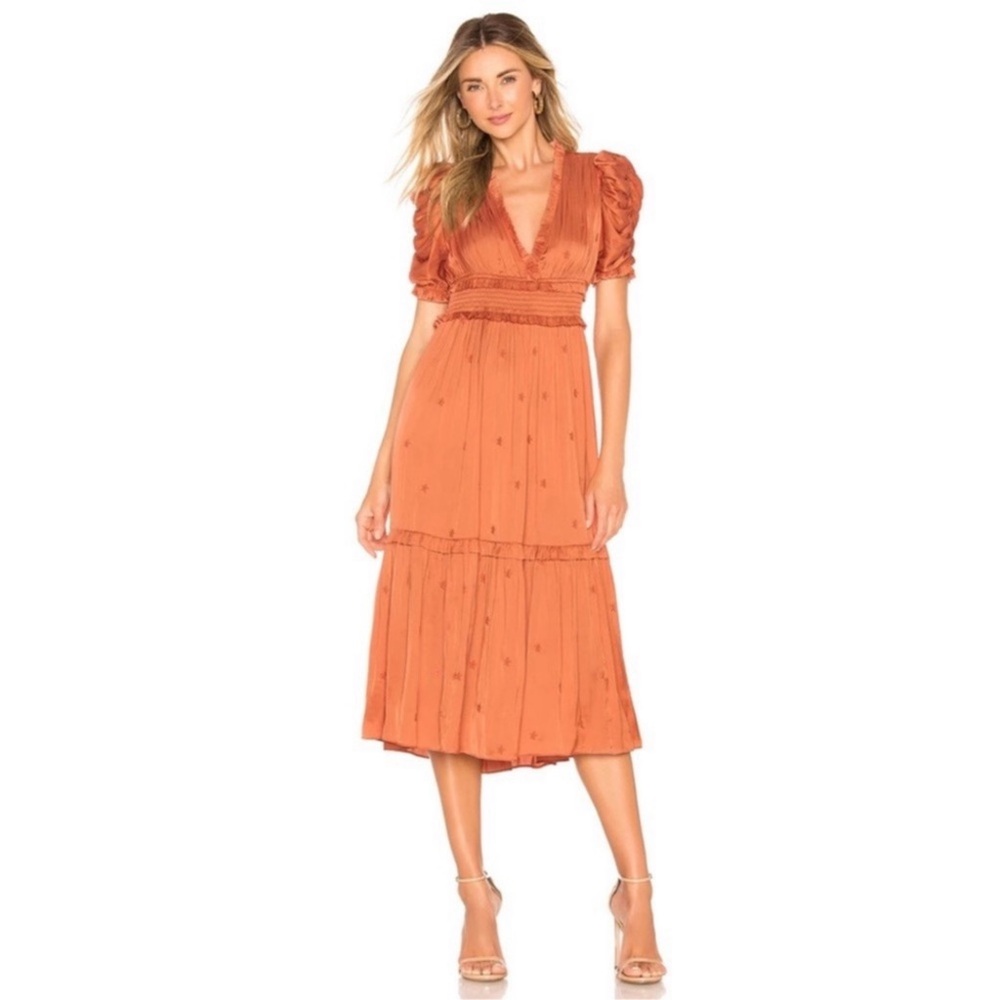ULLA JOHNSON Maya Satin Coral Midi Dress Sz 10